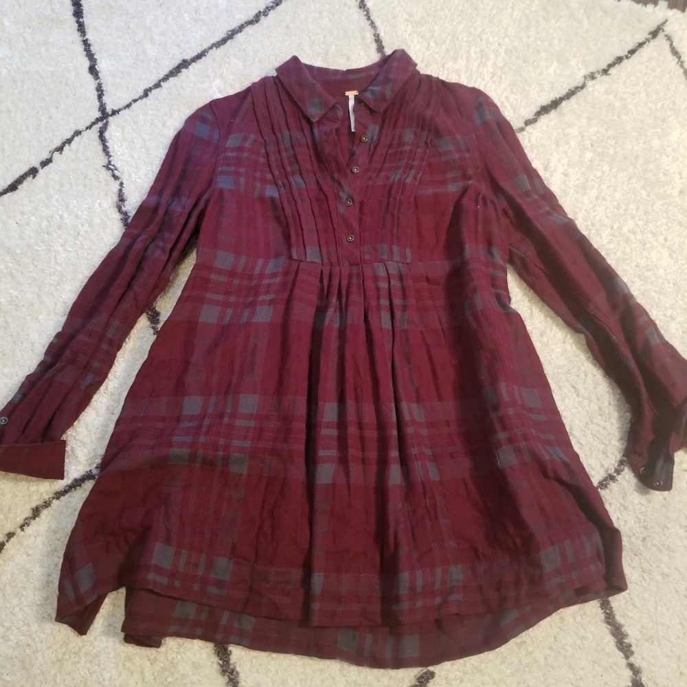 Free People Burgundy Plaid Tunic Top Flannel XS